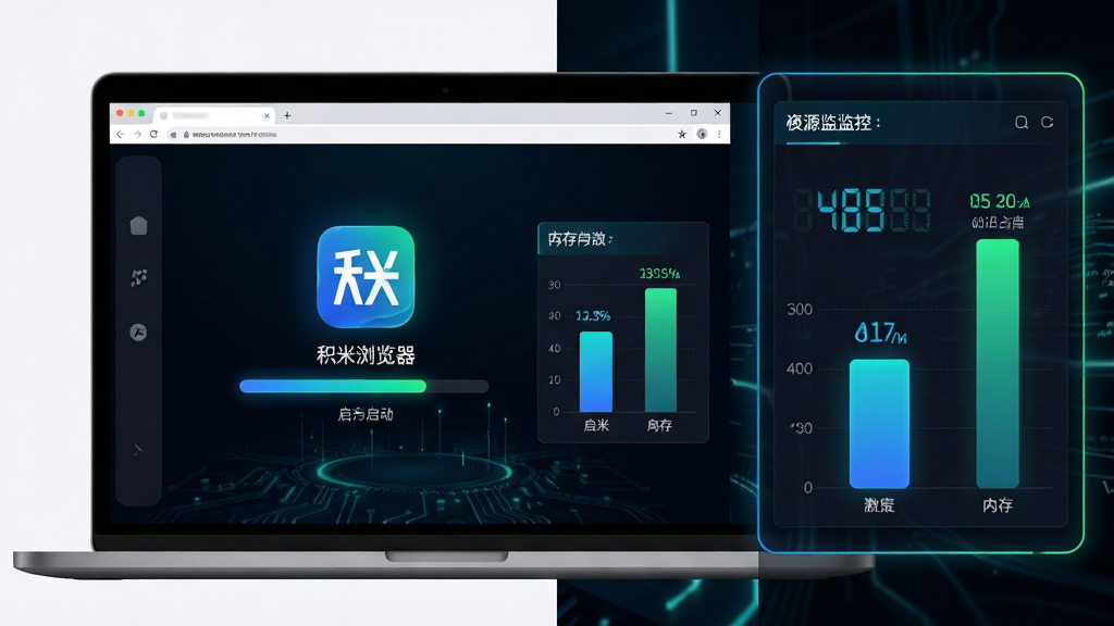 积米浏览器极速启动与低内存占用功能展示图,主体为一台笔记本电脑屏幕,画面中央显示积米浏览器图标与启动进度条,旁边有内存占用对比柱状图,布局采用左右分栏,左侧为浏览器启动画面,右侧为资源监控仪表盘,风格为科技感深色背景配霓虹蓝绿光效,细节包含数字跳动、柱状图高低对比、清爽图标,画质高清,干净,无多余元素