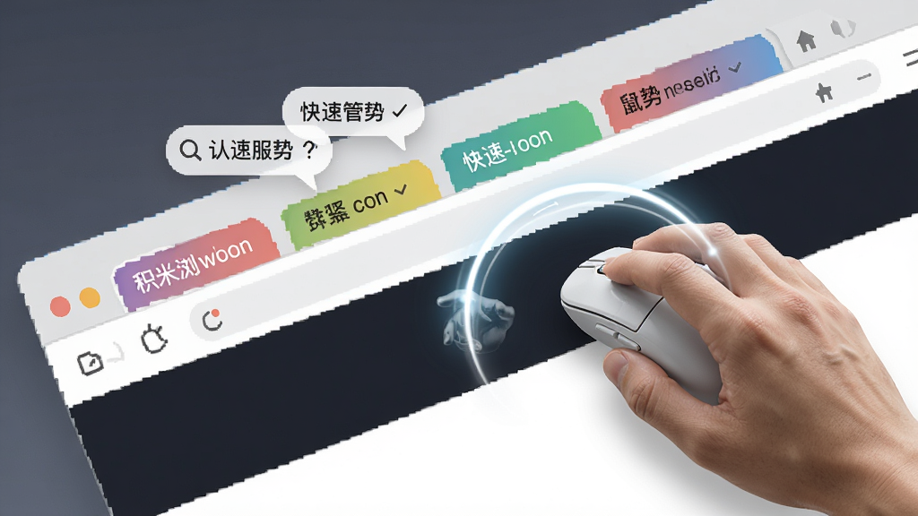积米浏览器多标签管理与鼠标手势操作展示图,主体为浏览器顶部标签栏与网页区域,标签栏显示多个彩色标签分组,画面中有一只手握着鼠标划出弧形轨迹,布局为斜向动态构图,风格为现代UI写实风,细节包含手势轨迹光效、标签分组颜色标签、快捷操作提示气泡,画质高清,干净,无多余元素