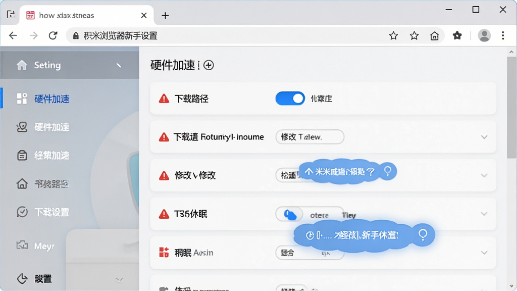 积米浏览器新手设置界面截图,主体为电脑屏幕显示浏览器设置页面,布局为左侧菜单栏与右侧详细选项,风格为清爽浅色UI,细节包含硬件加速开关、下载路径修改、标签休眠选项、红色警告图标与蓝色提示气泡,画质高清,干净,无多余元素