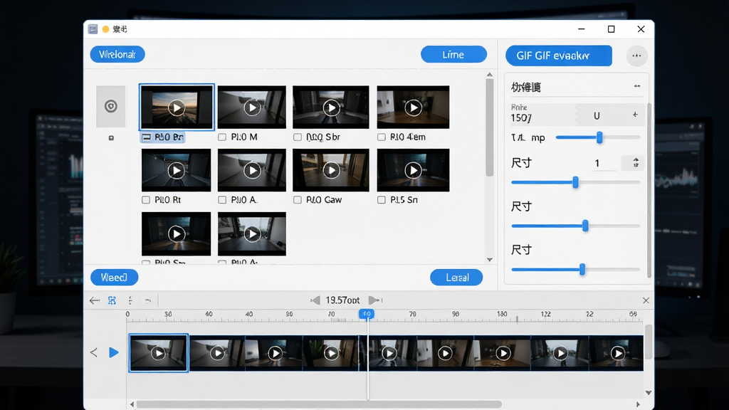 好哈视频制作GIF专家软件主界面全景展示,主体为软件窗口居中布局,左侧为视频导入区域,右侧为GIF参数调节面板,下方为时间轴与帧预览条,排版清晰规整,风格为现代简约科技风,细节包含蓝色高亮按钮、视频缩略图网格、帧率与尺寸调节滑杆,画质高清,干净,无多余元素