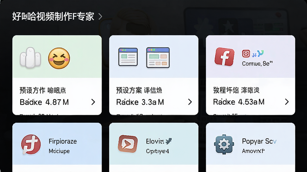 好哈视频制作GIF专家输出预设选择界面展示,主体为预设方案卡片列表,布局为网格状排列,排版为每行三张卡片,风格为清新浅色商务风,细节包含表情包图标、网页图标、社交媒体图标、教程图标及各卡片参数摘要,画质高清,干净,无多余元素