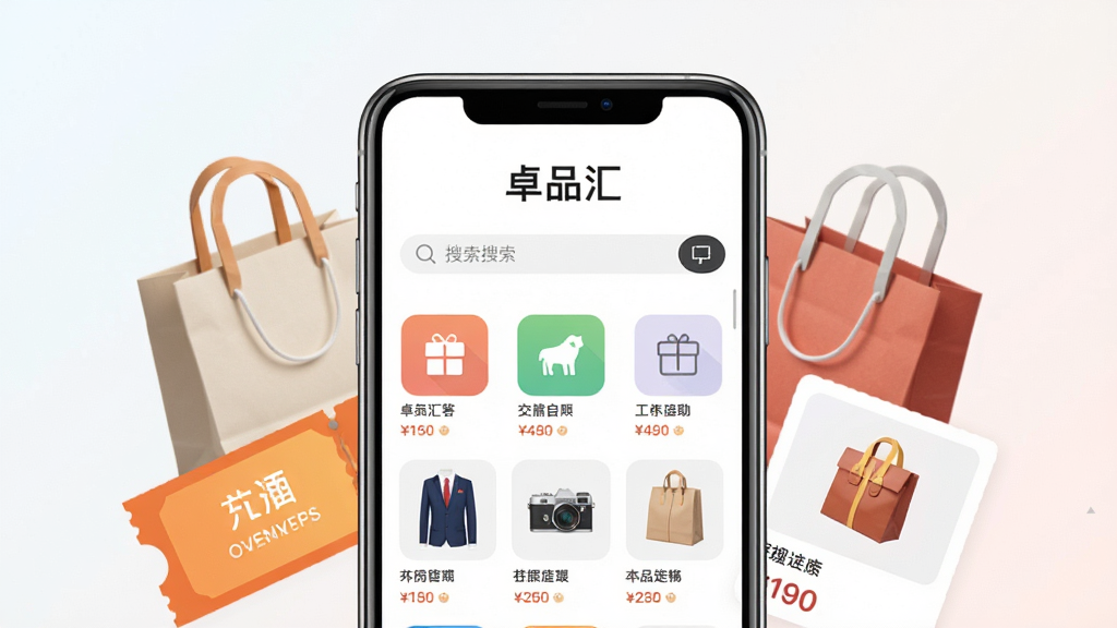 画面中央放置一部智能手机,手机屏幕显示“卓品汇”应用首页界面,首页包含商品分类图标与搜索栏,手机周围环绕购物袋、优惠券、商品卡片等元素,背景为浅色渐变,整体风格简洁明亮,排版居中对称,细节包括商品缩略图与价格标签,画质高清,干净,无多余元素