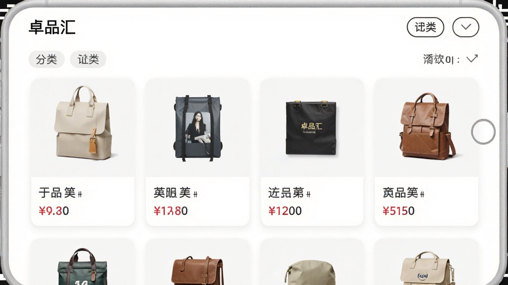 画面展示“卓品汇”应用内商品列表页面,多个商品卡片整齐排列,每张卡片包含商品图片、名称与价格,背景为白色,风格简约清新,细节包括分类标签与筛选按钮,画质高清,干净,无多余元素