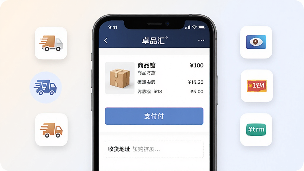 画面展示“卓品汇”应用内订单确认页面,页面中央显示商品信息与支付按钮,周围有物流图标与支付方式图标,背景为柔和浅色,风格商务简洁,细节包括价格明细与收货地址栏,画质高清,干净,无多余元素