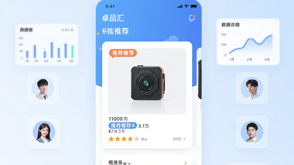 画面展示“卓品汇”应用内推荐页面,页面中央显示个性化推荐商品卡片,周围有数据图表与用户头像图标,背景为淡蓝色渐变,风格科技清新,细节包括推荐标签与评分星级,画质高清,干净,无多余元素