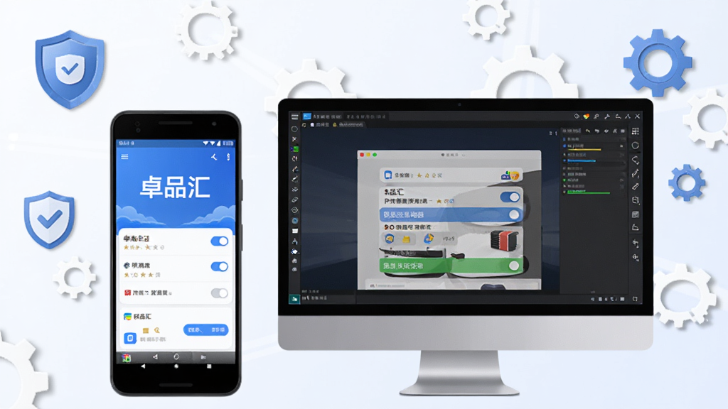 画面展示一部安卓手机与一台电脑并排摆放,手机屏幕显示“卓品汇”应用界面,电脑屏幕显示模拟器运行界面,周围有盾牌图标与齿轮图标,背景为浅色,风格科技实用,细节包括权限开关与存储条,画质高清,干净,无多余元素