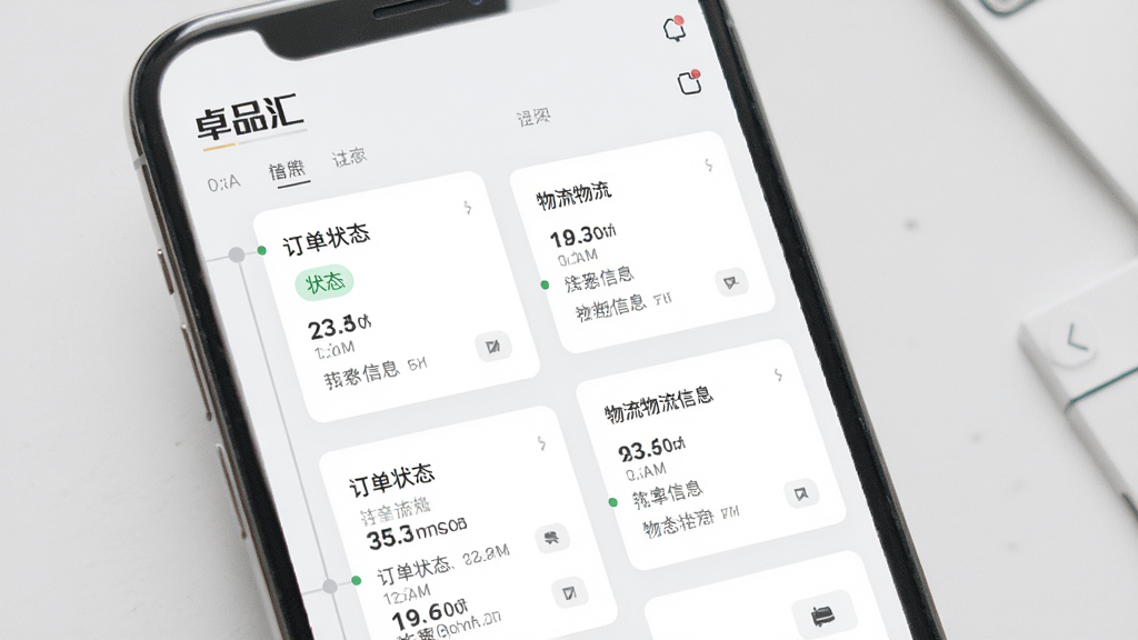 画面展示“卓品汇”应用内订单管理页面,页面中显示多个订单卡片,每个卡片包含订单状态与物流信息,背景为浅灰色,风格素雅极简,细节包括时间轴与状态标签,画质高清,干净,无多余元素