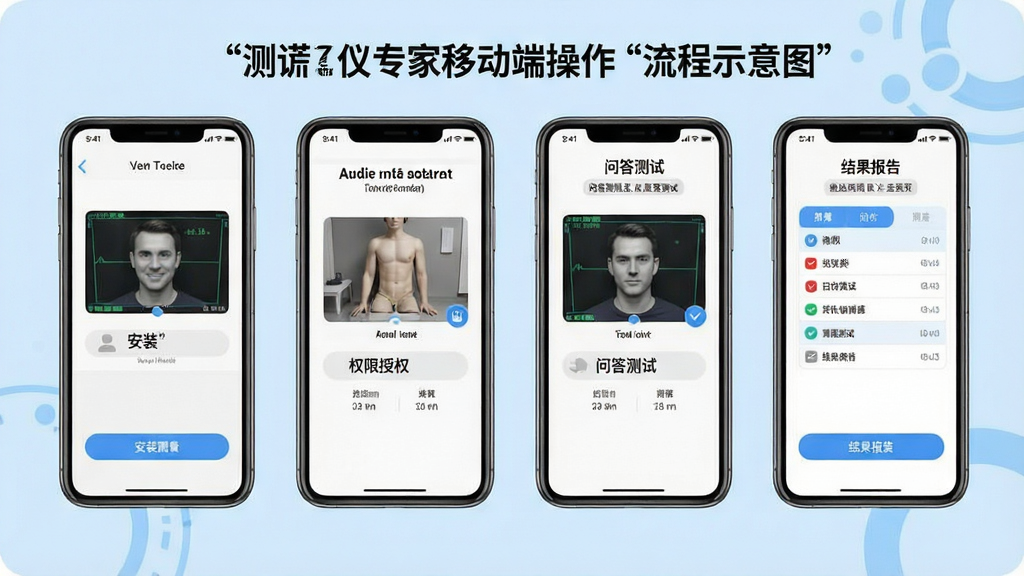 测谎仪专家移动端操作流程示意图,画面展示一部手机从安装到测试完成的四个步骤截图,分别为安装界面、权限授权、问答测试、结果报告,背景为浅蓝色,风格简洁明快,画质清晰,干净,无多余元素