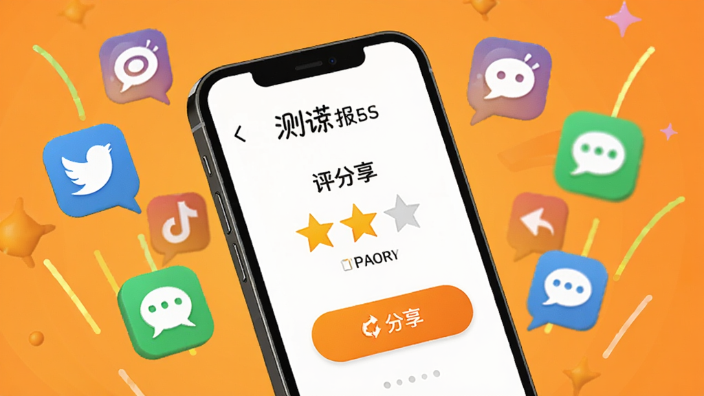 测谎仪专家结果分享功能展示图,画面中一部手机屏幕显示着测谎报告分享页面,页面包含评分星级和分享按钮,手机周围有社交软件图标漂浮,背景为温暖的橙色调,风格活泼,画质清晰,无多余元素
