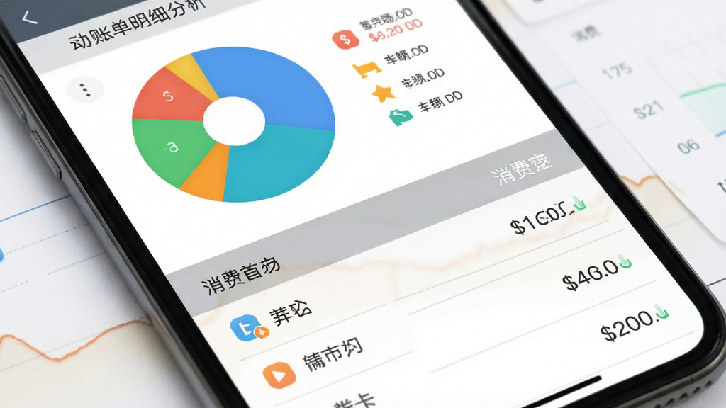 动卡账单明细分析界面,主体为手机屏幕展示饼状图与消费列表,布局为上图下表,排版紧凑,风格为数据可视化风格,细节包括彩色饼图分区、消费类别图标、金额数字、灰色分割线,画质高清,干净,无多余元素