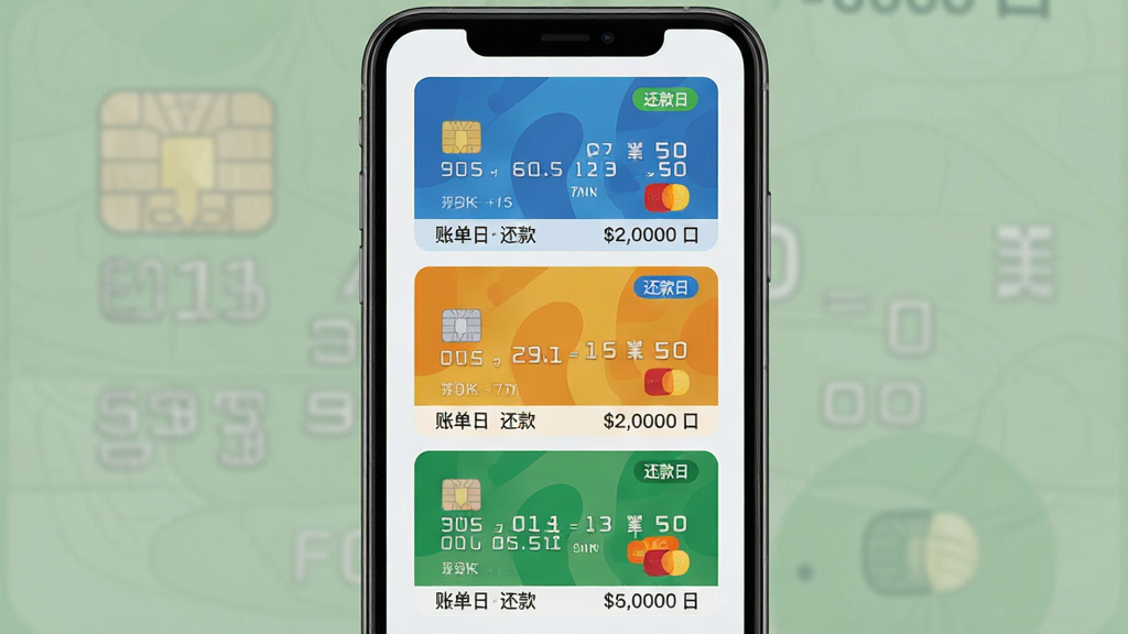 动卡多卡管理功能界面,主体为手机屏幕显示三张不同颜色的信用卡排列,每张卡片下方标注账单日与还款日,布局为纵向列表,排版对齐,风格为扁平化商务风,细节包含卡片边缘圆角、淡灰色背景、彩色标签、数字清晰可见,画质高清,干净,无多余元素