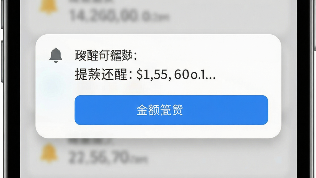 动卡还款提醒功能界面,主体为手机弹出通知卡片,内容显示还款提醒文字与金额,布局为居中弹窗,排版简洁,风格为清爽浅色风,细节包括铃铛图标、蓝色按钮、白色背景、柔和阴影,画质高清,干净,无多余元素