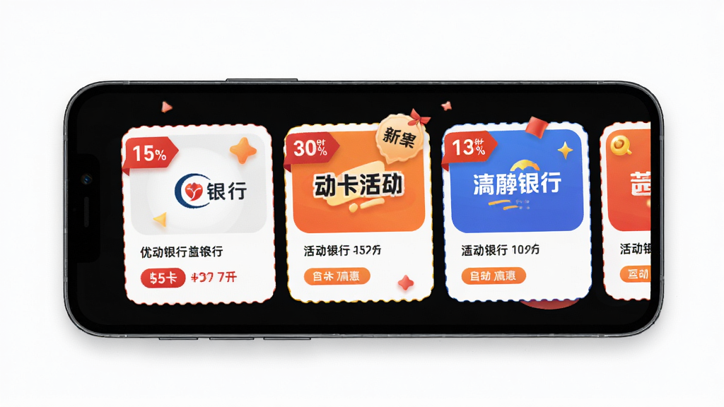 动卡优惠活动聚合页面,主体为手机屏幕显示多张活动卡片横向滑动,布局为横向卡片流,排版错落有致,风格为活泼促销风,细节包括折扣标签、银行标志、红色与橙色点缀、圆角卡片,画质高清,干净,无多余元素