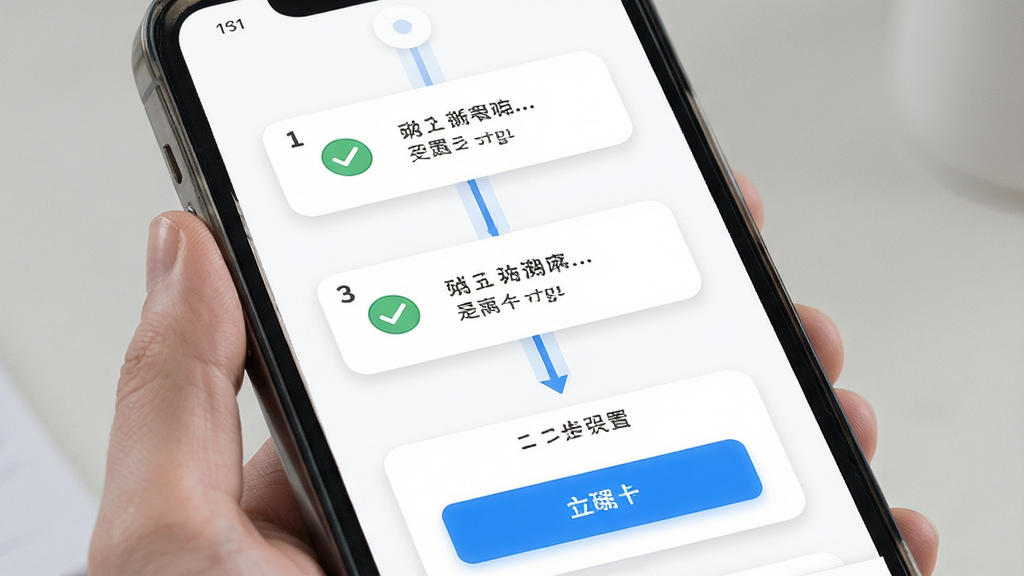 动卡新手设置引导界面,主体为手机屏幕展示三步设置流程,布局为纵向步骤条,排版清晰,风格为友好引导风,细节包括数字序号、勾选图标、蓝色高亮按钮、白色卡片背景,画质高清,干净,无多余元素