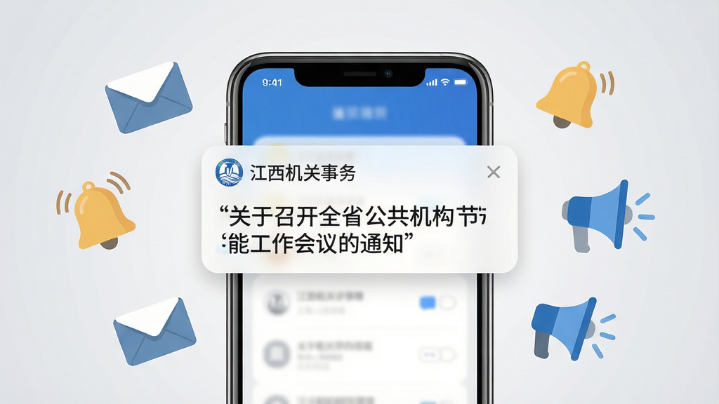 画面展示手机屏幕弹出“江西机关事务”应用的通知消息卡片,卡片上显示“关于召开全省公共机构节能工作会议的通知”字样;手机周围环绕信封、铃铛、喇叭等通知类图标,背景为浅灰色渐变;采用简洁商务扁平风格,色彩以蓝白灰为主,图标线条圆润;整体构图居中对称、干净利落,画质高清无多余装饰。