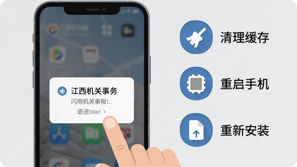 画面展示一部手机屏幕出现“江西机关事务”应用闪退报错弹窗,旁边有一只手指向屏幕;背景为浅灰色,画面右侧列出三个解决步骤图标:清理缓存、重启手机、重新安装;采用扁平化教程插画风格,主色为蓝灰与白色,图标简洁易懂;整体布局左机右文、信息一目了然,画质清晰干净。