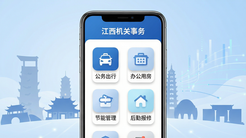 画面中央展示一部竖屏智能手机,手机屏幕内呈现“江西机关事务”应用主界面,界面包含公务出行、办公用房、节能管理、后勤报修等功能图标,图标排列整齐有序;手机后方以淡蓝色渐变政务风格背景衬托,背景中融入江西地标建筑剪影与数据流动线条;整体采用扁平化商务插画风格,色彩以蓝白为主、辅以浅灰与淡蓝点缀;细节上注意图标阴影柔和、屏幕内文字清晰可辨,画面干净无多余装饰元素,2K分辨率高清画质。