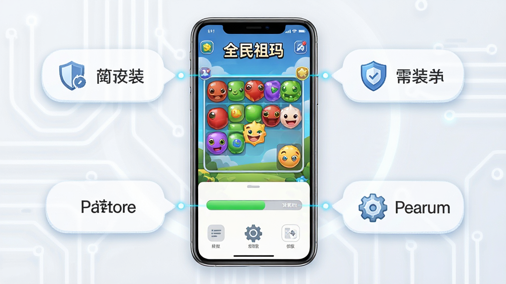 һ�������ֻ���Ļ����ʾ��ȫ�����ꡱ��Ϸ���棬�Ա��а�װ��������Ȩ������ͼ�꣬�������ֻ����С���Χ��������ѡ�����ݣ��Ű�Ϊ�̳�ͼ���񣬷����Ƽ��У�ϸ�����ֻ���Ļ����Ϸ���桢�������ж��ƺͳ���ͼ�꣬�����������ɾ����޶���Ԫ�أ������д��С�ȫ�����ꡱ����