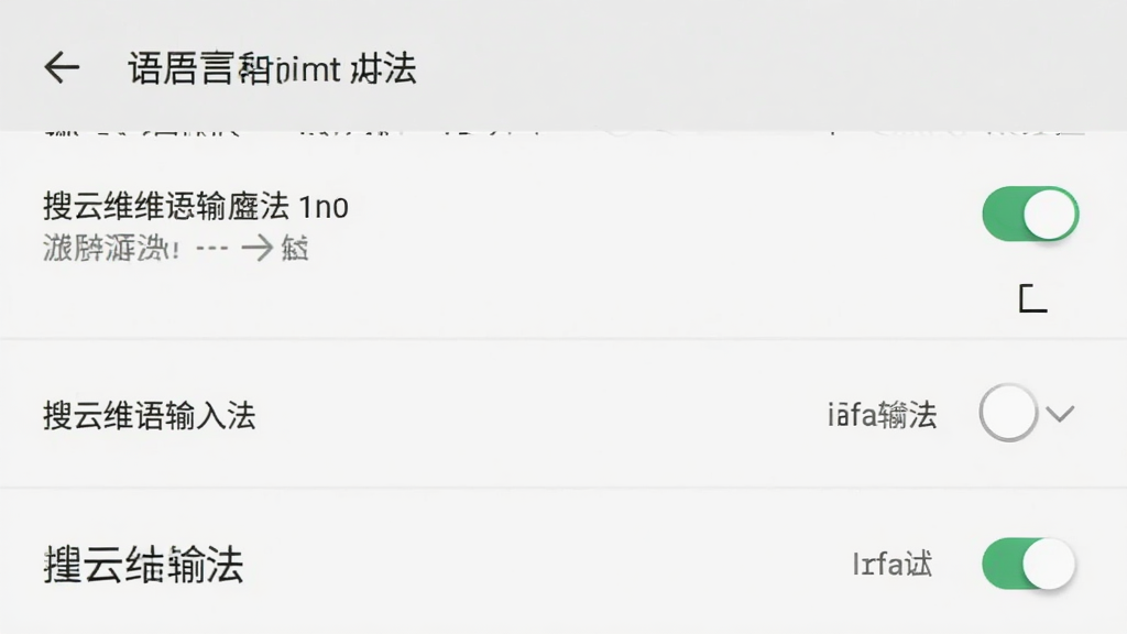 搜云维语输入法在手机上的设置界面截图,主体为语言和输入法启用页面,布局为列表形式展示输入法选项,排版清晰,风格为原生安卓设置界面,细节包含启用开关与默认输入法选择项,画质清晰、干净、无多余元素