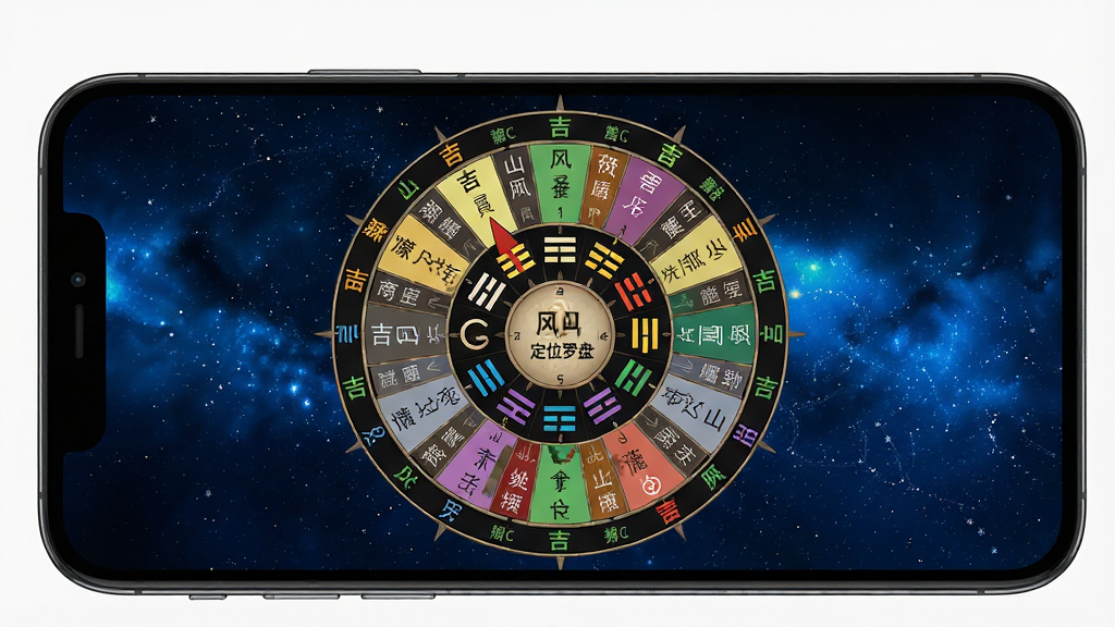 风水定位罗盘二十四山八卦解析界面,主体为手机屏幕显示罗盘盘面,盘面上清晰标注二十四山名称与八卦符号,布局采用环形放射状排版,风格为传统玄学数字化,细节上每个山向用不同颜色区分吉凶,背景为深蓝色星空质感,画质高清,干净无多余元素,屏幕中显示文字“风水定位罗盘”