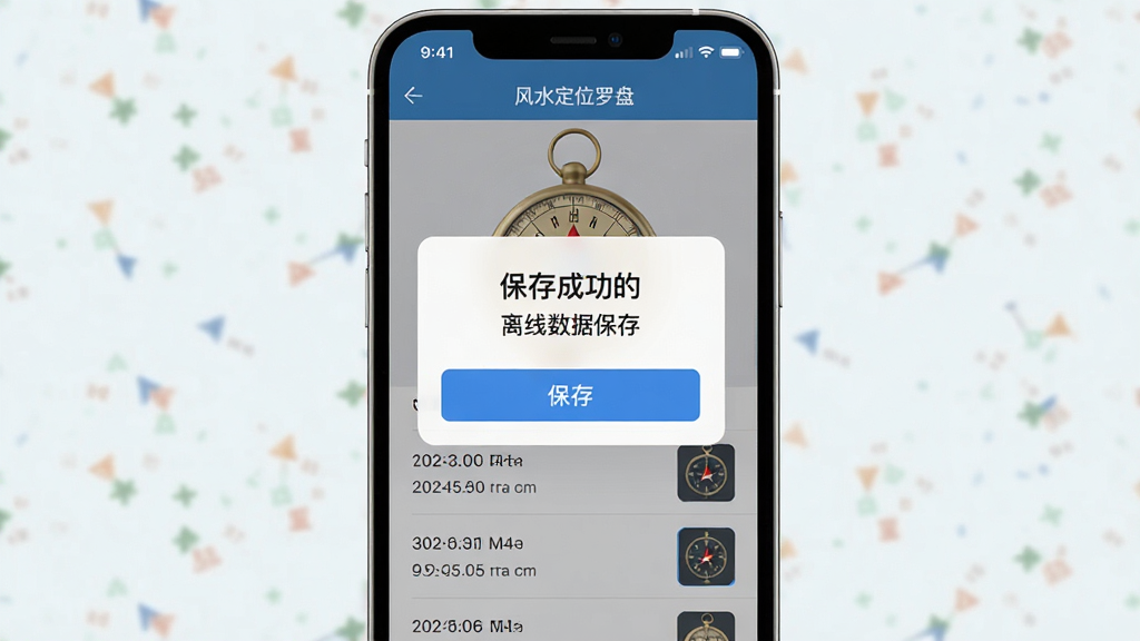 风水定位罗盘离线数据保存界面,主体为手机屏幕显示保存成功的提示与已保存的记录列表,布局为居中弹窗与底部列表结合,风格为简洁实用,细节上保存按钮为蓝色,记录列表带有时间戳与方位缩略图,背景为浅色,画质高清,干净无多余元素,屏幕中显示文字“风水定位罗盘”