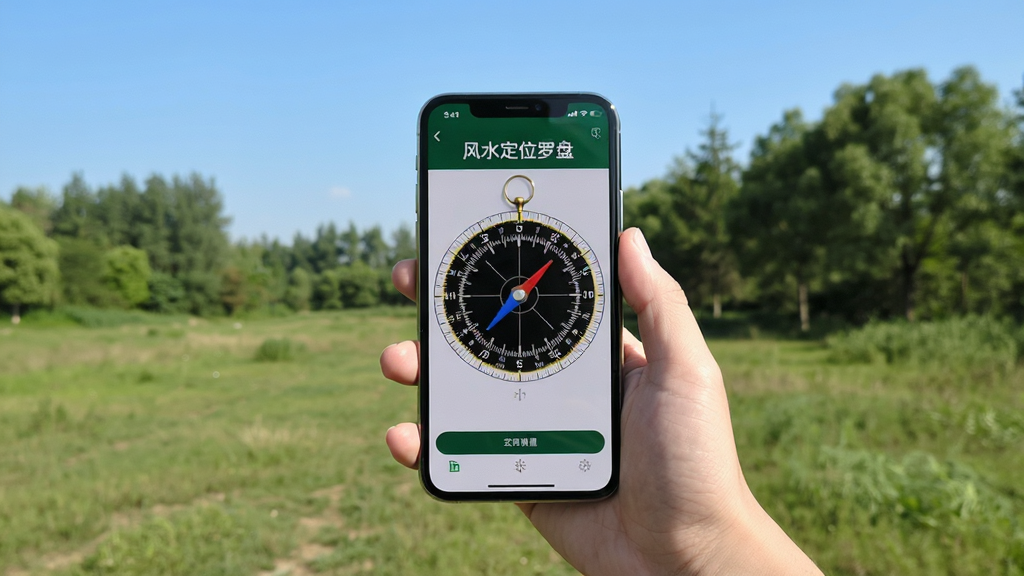 风水定位罗盘户外使用场景图,主体为用户手持手机站在开阔场地上查看罗盘界面,布局为人手与手机居中,排版自然,风格为生活实拍感,细节上手机屏幕显示清晰的罗盘刻度,背景为蓝天绿树,画质高清,干净无多余元素,屏幕中显示文字“风水定位罗盘”