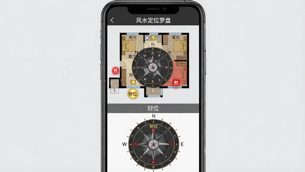 风水定位罗盘户型坐向分析功能界面,主体为手机屏幕显示房屋平面图与罗盘叠加效果,布局为上下分栏,上方为户型图,下方为罗盘数据,风格为专业分析工具,细节上财位用金色标记,煞气位用红色标记,背景为浅灰色,画质高清,干净无多余元素,屏幕中显示文字“风水定位罗盘”