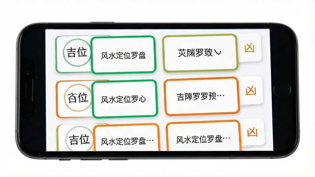 风水定位罗盘吉凶方位速查界面,主体为手机屏幕显示卡片式列表,每张卡片上写有不同场景的方位建议,布局为垂直滚动列表,风格为清爽卡片式设计,细节上吉位卡片为绿色边框,凶位卡片为橙色边框,背景为白色,画质高清,干净无多余元素,屏幕中显示文字“风水定位罗盘”