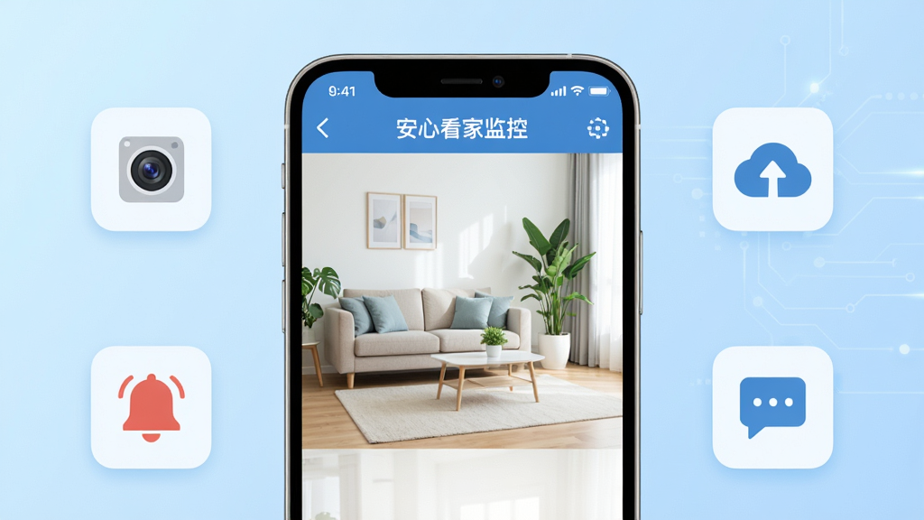 画面中央放置一部智能手机,手机屏幕上显示着“安心看家监控”APP的监控画面,画面中是一个明亮的客厅,有沙发和绿植。手机周围环绕着四个小图标,分别代表摄像头、云存储、警报铃铛和对话气泡。背景是淡蓝色的科技感渐变,风格简洁现代,扁平化设计,细节清晰,画质干净,无多余元素,4K高清。