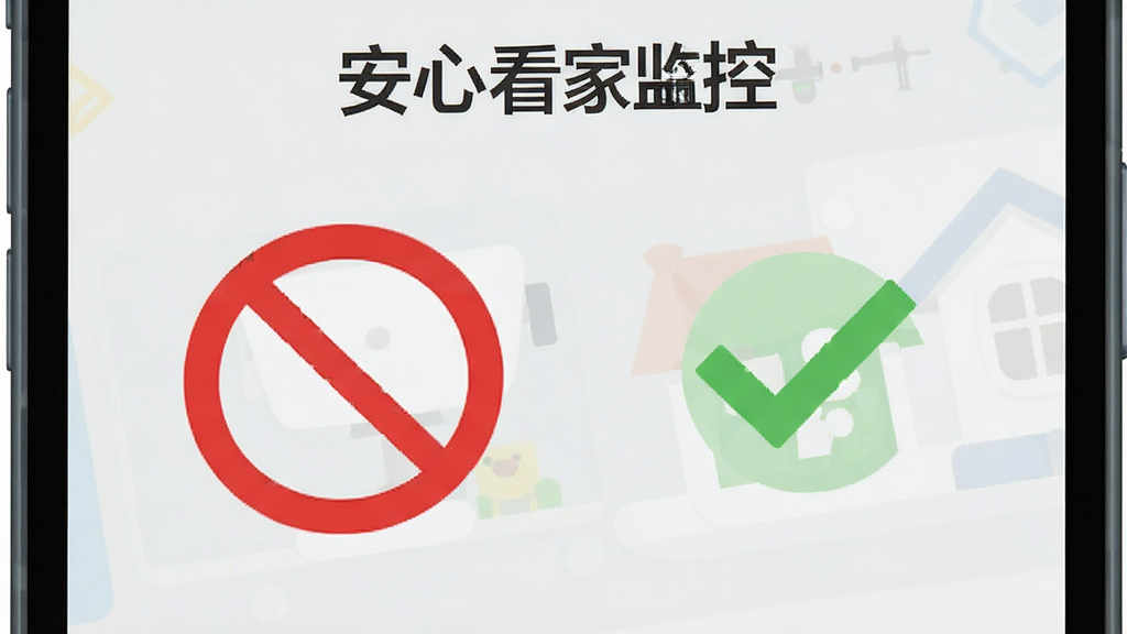 一个手机屏幕特写,屏幕显示“安心看家监控”APP的权限设置页面,旁边有一个红色的禁止图标和一个绿色的对勾图标,分别代表禁止和允许。画面风格为扁平化信息图,背景为浅灰色,元素简洁清晰,文字使用中文“安心看家监控”,画质干净,无多余装饰。