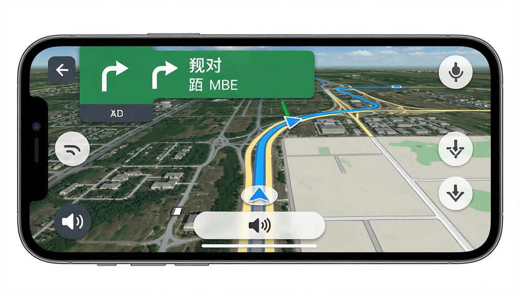 即刻全景卫星导航的路线规划界面,手机横屏显示地图导航状态,路线上有蓝色引导箭头,上方显示转向提示与剩余距离,下方有语音播报图标,背景为卫星地图,整体布局直观,风格简洁,细节到位,画质高清,干净无多余元素