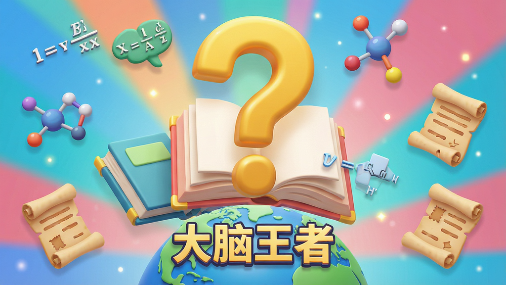 一个巨大的金色问号悬浮在书本和地球上方,问号周围散落着各种知识图标如数学公式、化学分子、历史卷轴,画面中央有“大脑王者”文字标识,布局采用中心辐射式构图,风格为立体卡通,细节包括柔和光影和鲜艳色彩,画质高清,干净,无多余元素
