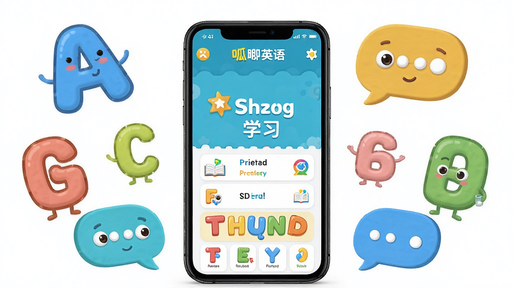 呱唧英语手机应用主界面展示,画面中央是一部智能手机,屏幕显示呱唧英语APP的单词学习页面,周围环绕卡通风格的英语字母和对话气泡,整体布局简洁清晰,风格活泼明快,细节注重图标与文字排版,画质高清,干净无多余元素