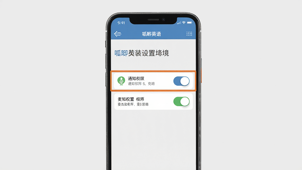 呱唧英语安装设置界面示意图,手机屏幕显示权限管理页面,高亮标注通知权限和麦克风权限开关,背景为浅灰色,主体为手机界面截图风格,布局清晰,风格简洁实用,画质清晰,干净无多余元素