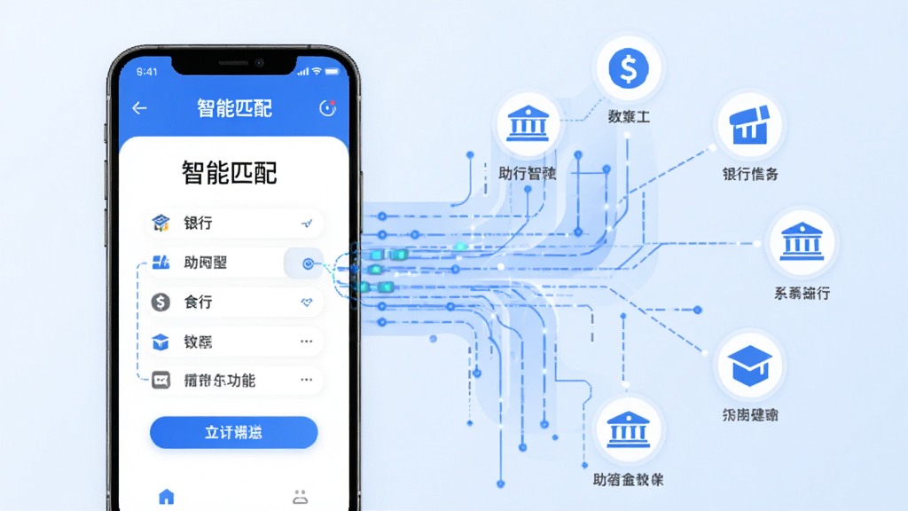 助融圈智能匹配功能展示图,画面中一部手机屏幕显示“智能匹配”结果页面,旁边有抽象的数据流线条连接多个银行与金融机构图标,代表系统正在自动筛选方案。风格扁平化科技风,主色调为蓝色与白色,布局清晰,细节精致,画质干净,无多余元素