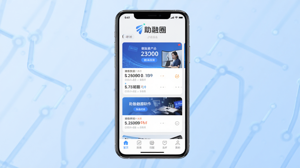 助融圈软件主界面全貌展示,画面中央是手机屏幕,屏幕内呈现助融圈APP首页布局,上方为品牌标识“助融圈”,中部为融资产品卡片列表,下方为功能导航栏。背景为浅蓝色渐变,风格简洁科技感,细节清晰,画质干净,无多余元素,4K高清