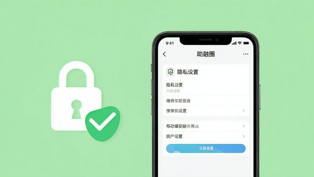 助融圈移动端安全使用示意图,画面中一部手机屏幕显示助融圈APP的隐私设置页面,旁边有锁形图标和勾选标记,背景为浅绿色,风格清新安全,布局简洁,画质干净,无多余元素