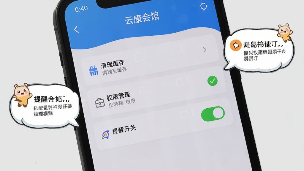 手机屏幕显示“云康会馆”设置页面,页面中包含清理缓存、权限管理、提醒开关等选项,旁边有卡通风格的小贴士气泡,背景为浅灰色,整体简洁明了,画质清晰,无多余元素。