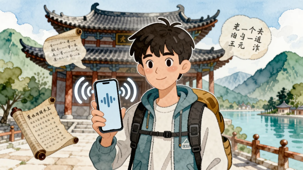 一位年轻旅行者站在古建筑前,手中拿着手机,手机屏幕发出声波符号,周围漂浮着历史卷轴和文字气泡,背景是青山绿水的旅游景区,整体风格为清新水彩插画,主体居中,画面明亮干净,高清画质,无多余元素
