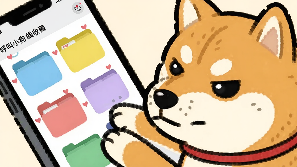 画面中一只柴犬正用爪子点击手机屏幕,屏幕上显示“呼叫小狗”的收藏夹界面,界面中有多个彩色文件夹和爱心图标,布局采用对角线构图,风格为日系卡通插画风,细节上狗狗表情认真、文件夹色彩柔和,画质为高清、干净、无多余元素