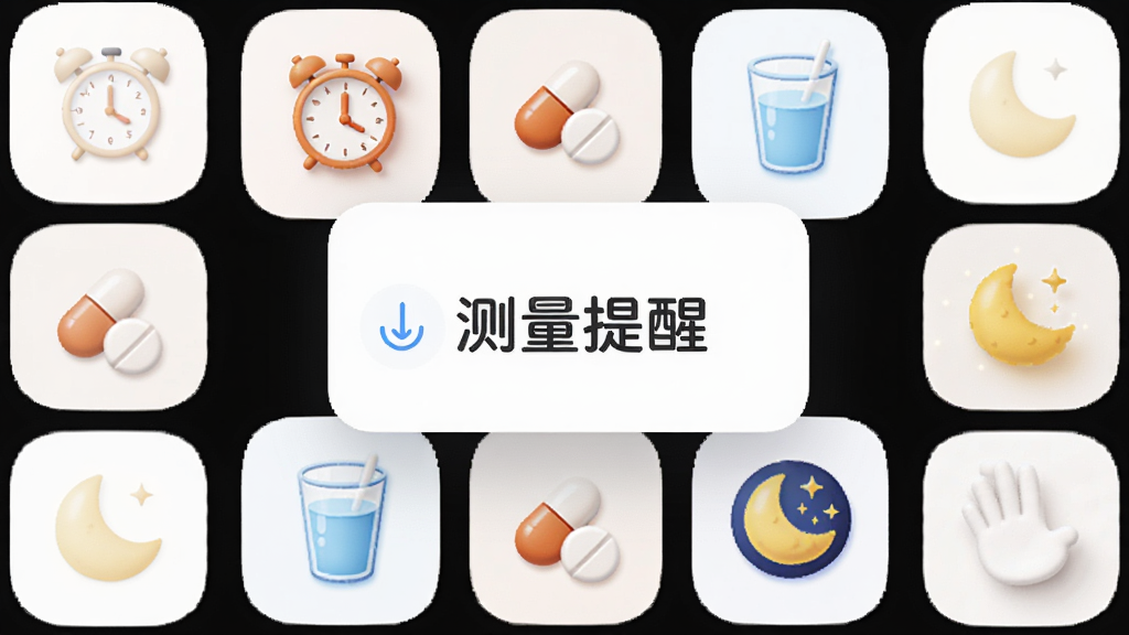 画面中央为智能康康软件弹出的提醒卡片,卡片上写有“测量提醒”字样,周围环绕闹钟、药丸、水杯、月亮等图标,布局采用中心对称,风格为柔和圆角卡片风,细节清晰,画质干净,无多余元素