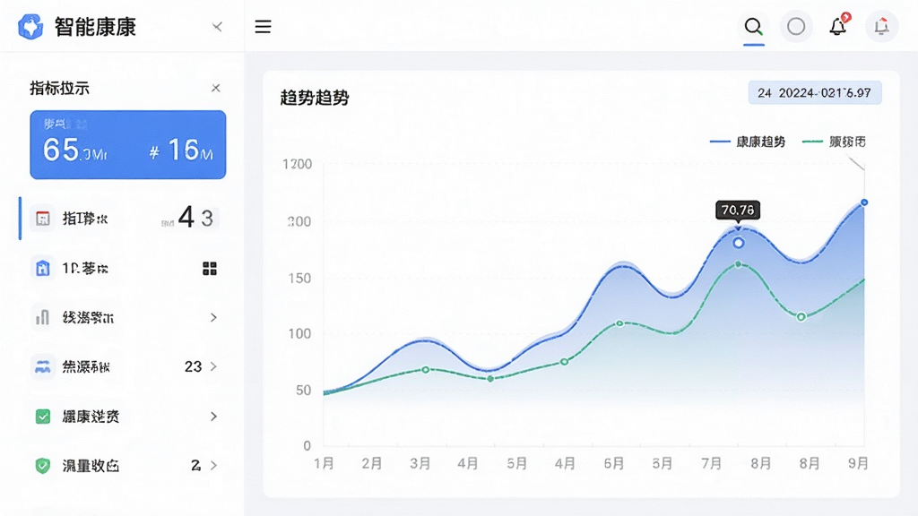 画面主体为智能康康软件的数据管理界面,布局采用左右分栏,左侧为指标列表,右侧为趋势折线图,整体风格清爽简约,细节包含数字卡片与日期标签,画质高清,画面干净,无多余元素