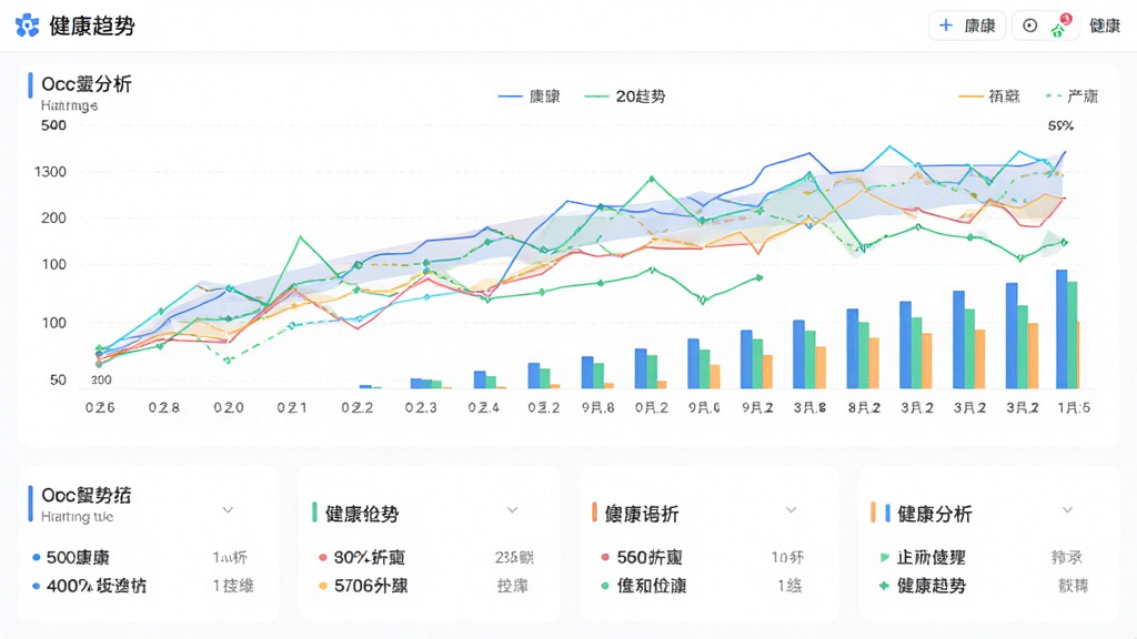 画面展示智能康康软件中的健康趋势分析页面,主体为多条彩色折线图与柱状图,布局采用上下结构,上方为图表,下方为数据摘要,风格为现代数据可视化,细节包含坐标轴与图例,画质高清,干净整洁,无多余元素