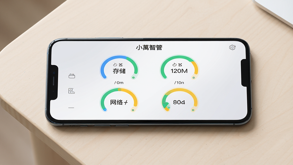一部手机平放在浅色桌面上,手机屏幕展示“小智管”的设备状态总览页面,页面上方有四个圆形仪表盘分别标注存储、内存、网络、后台应用,仪表盘用蓝绿黄三种颜色区分状态,背景为干净的浅灰渐变,布局居中对称,风格为现代简约数据可视化,细节包括细线条图标、数字清晰可读、整体光线柔和,画质高清,干净,无多余元素
