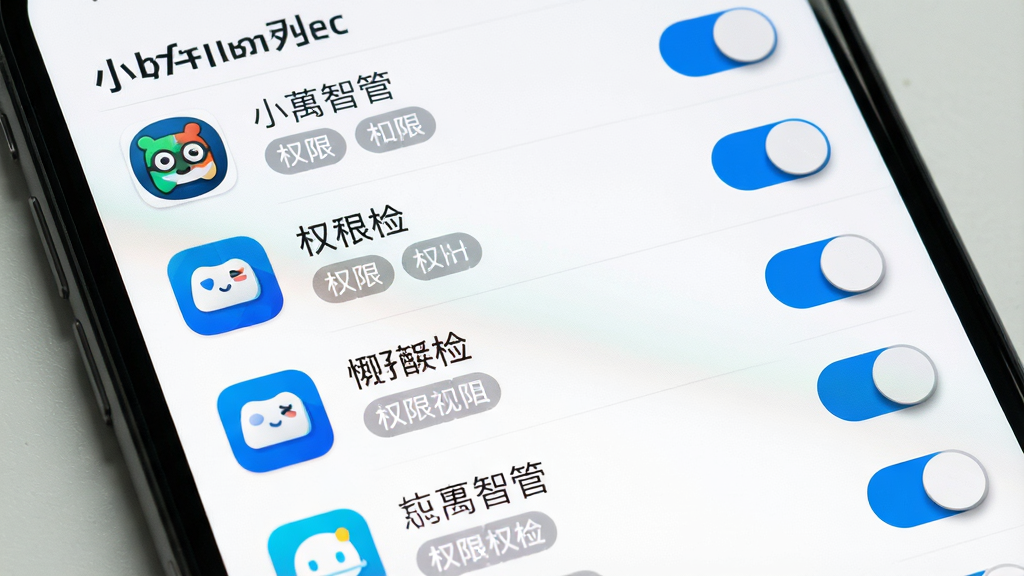 手机屏幕特写,显示“小智管”的应用权限巡检列表界面,列表中每行包含应用图标、应用名称、权限标签和开关按钮,开关按钮为蓝色和灰色两种状态,背景为纯白,布局为纵向列表,风格为清爽工具类界面,细节包括清晰的字体层级、圆形应用图标、开关有细微阴影,画质高清,干净,无多余元素