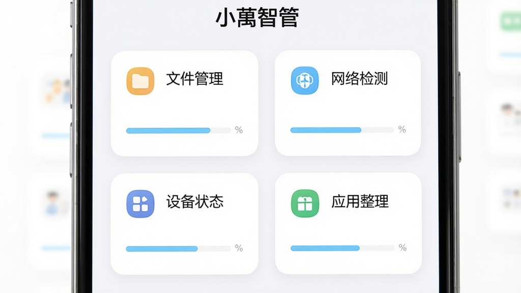 画面中央放置一部现代智能手机,手机屏幕显示“小智管”应用主界面,界面中有文件管理、网络检测、应用整理、设备状态四个卡片式模块,白色背景干净明亮,主体为手机与界面特写,布局居中,排版简洁,风格为扁平化科技感,细节包括圆角图标、浅蓝色进度条、清晰文字标签,画质高清,干净,无多余元素