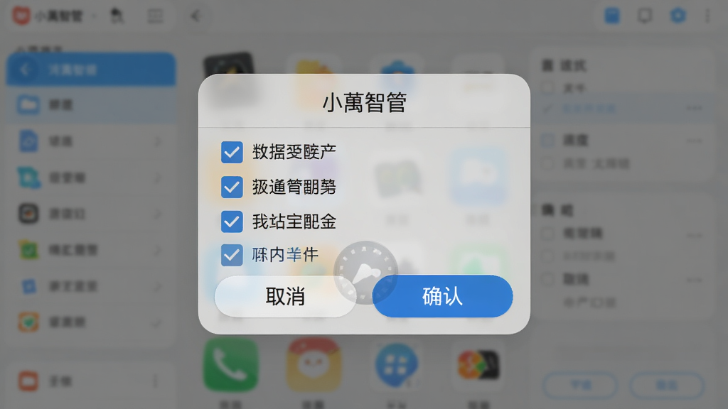 手机屏幕显示“小智管”的清理确认弹窗,弹窗中列出多个文件类型复选框,部分已勾选,弹窗底部有取消和确认按钮,背景为模糊的软件主界面,布局为居中弹窗,风格为实用工具类弹窗设计,细节包括清晰的复选框状态、圆角按钮、半透明遮罩,画质高清,干净,无多余元素