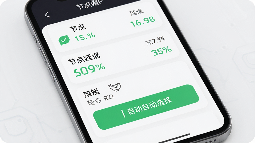 小丑IP智能节点优选功能展示,主体为手机界面中节点列表与延迟数据,布局为上下结构,排版整齐,风格科技感,细节包括绿色延迟标识、自动选择按钮,画质高清,干净,无多余元素