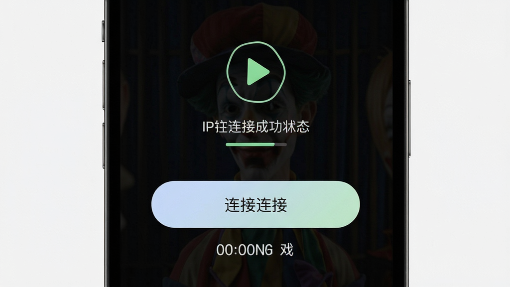 小丑IP一键连接功能展示,主体为手机屏幕中醒目的连接按钮与连接成功状态,布局居中,排版简约,风格清爽,细节包括连接图标、状态文字、计时器,画质高清,干净,无多余元素