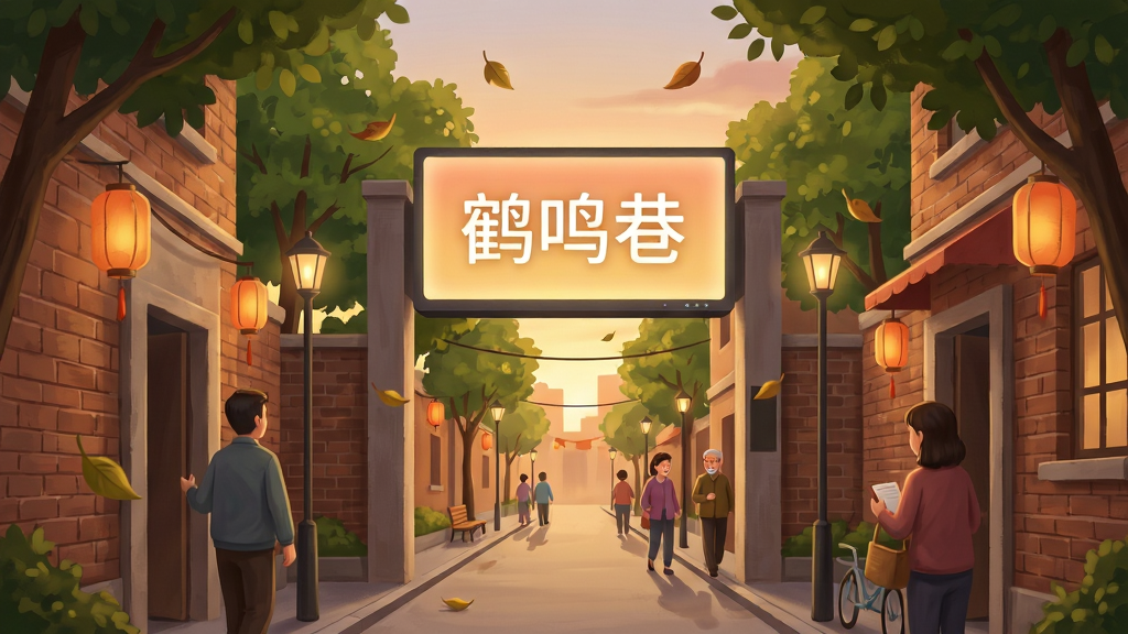 画面主体为一条充满生活气息的现代社区小巷,巷口立着一块发光的数字屏幕,屏幕上显示着“鹤鸣巷”三个字,周围有绿树、路灯和散步的居民。布局采用中心透视构图,纵深感强,排版上屏幕位于视觉中心偏上位置。风格为温馨写实的数字插画,细节包括砖墙纹理、悬挂的灯笼、飘落的树叶和柔和的夕阳余晖。画质清晰,色彩温暖干净,无多余杂乱元素。